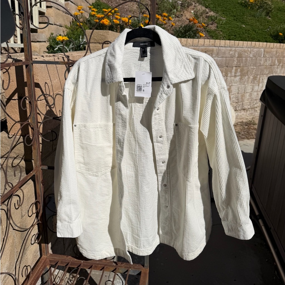 NWT Forever 21 Size Small Long White Cream Button-Up Corduroy Shirt Dress - Picture 2 of 6